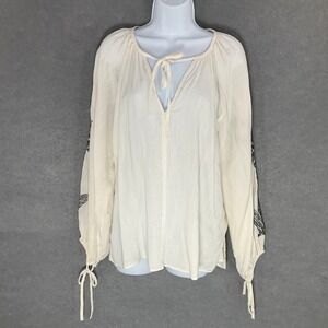 H&M Embroidered Long Sleeve Peasant Top Tie Neck Bohemian Blouse Sz S‎ Festival
